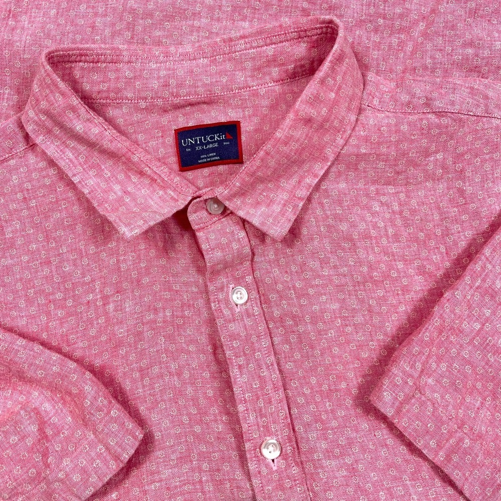 Untuckit Shirt Men XXL 2XL Pink Linen Button Up Dress Solid Casual Camp Spotted